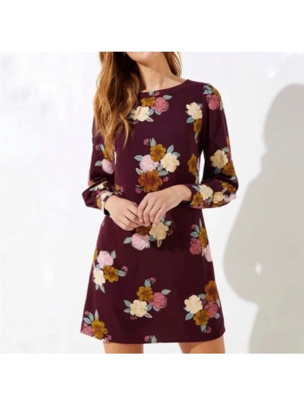 LOFT Plum Floral Shift Dress Long Sleeve NWT Petite 16P